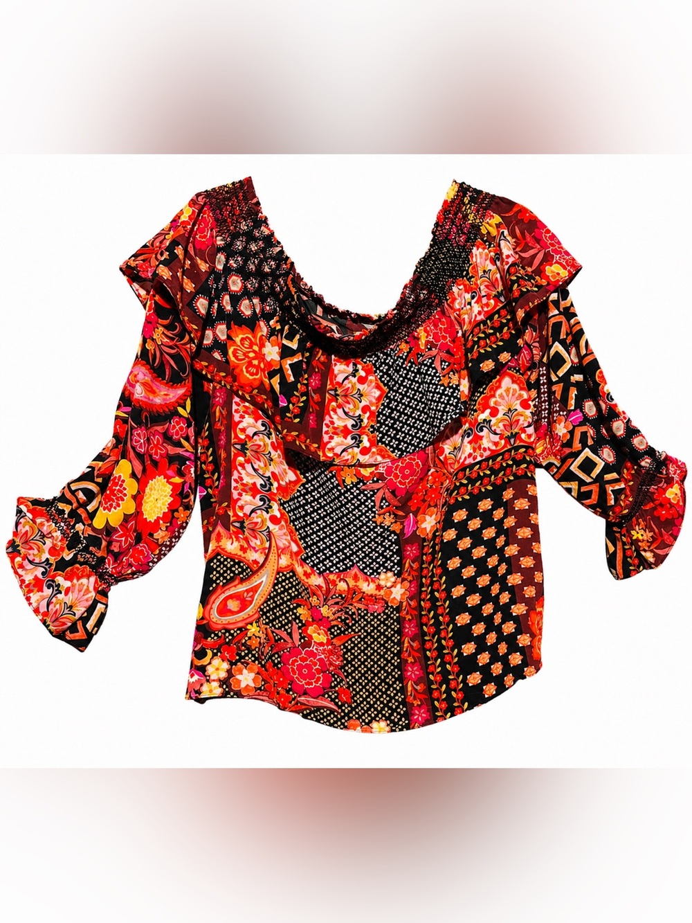 Trina Turk Canton 100% Silk Smocked Boho  Red Multi Patchwork Off-Shoulder, XL